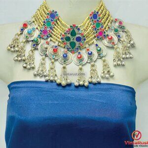 Handmade Statement Kuchi Necklace: Multicolor Glass Stones, Silver Long Dangling